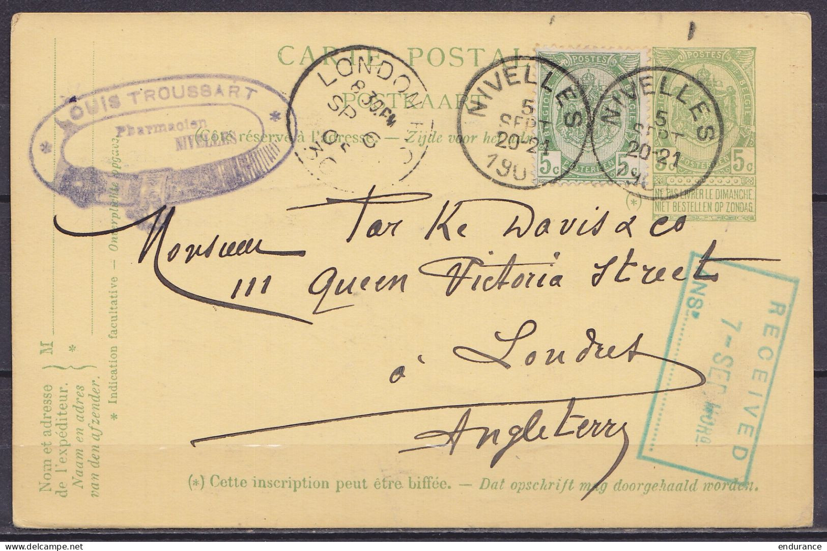EP CP 5c Vert (type N°56) + N°56 Càd NIVELLES /5 SEPT 1905 D'un Pharmacien Pour LONDRES - Càd Arrivée LONDON /SP 6 05 - Postkarten 1871-1909