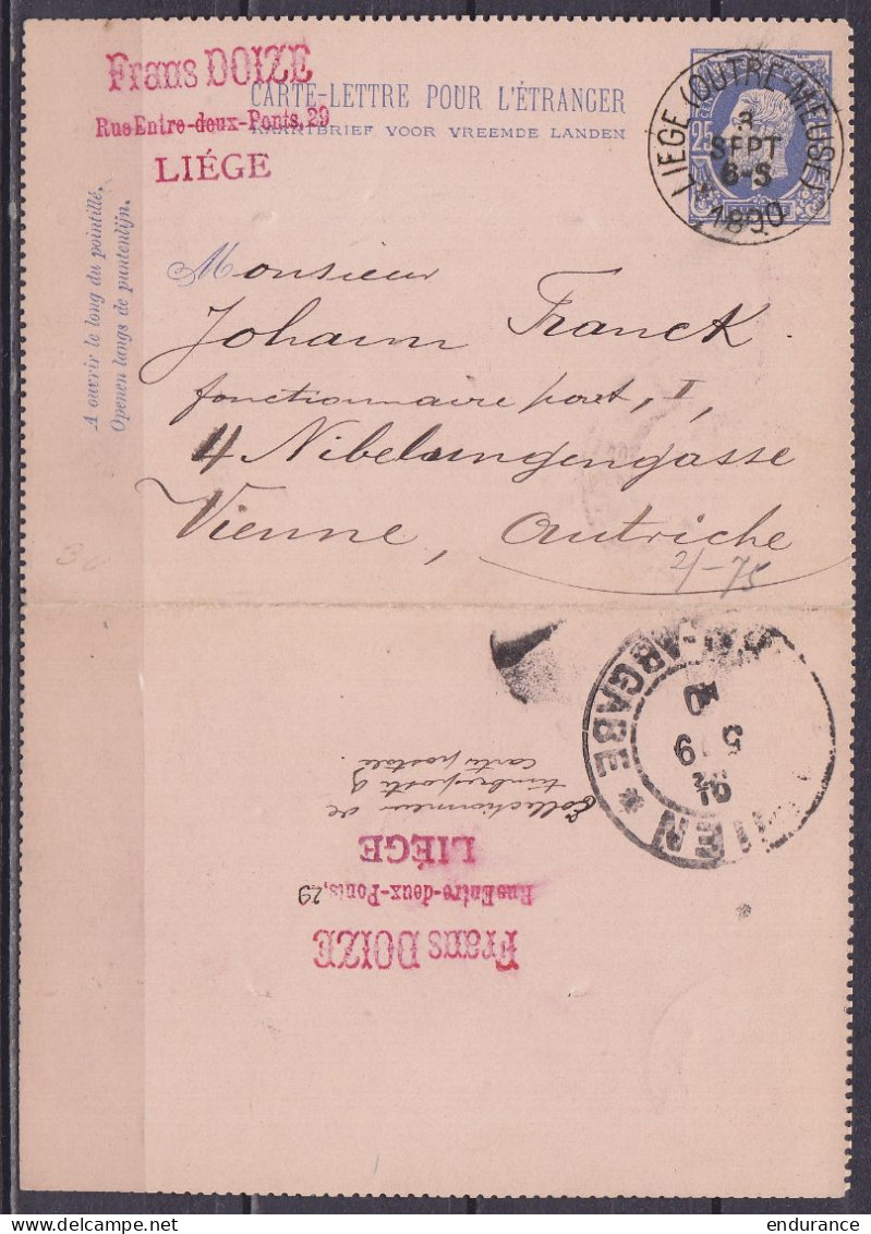 EP Carte-lettre Pour L'étranger 25c (type N°32) Càd LIEGE (OUTRE-MEUSE) /3 SEPT 1890 Pour VIENNE Autriche (au Dos: Càd A - Postbladen