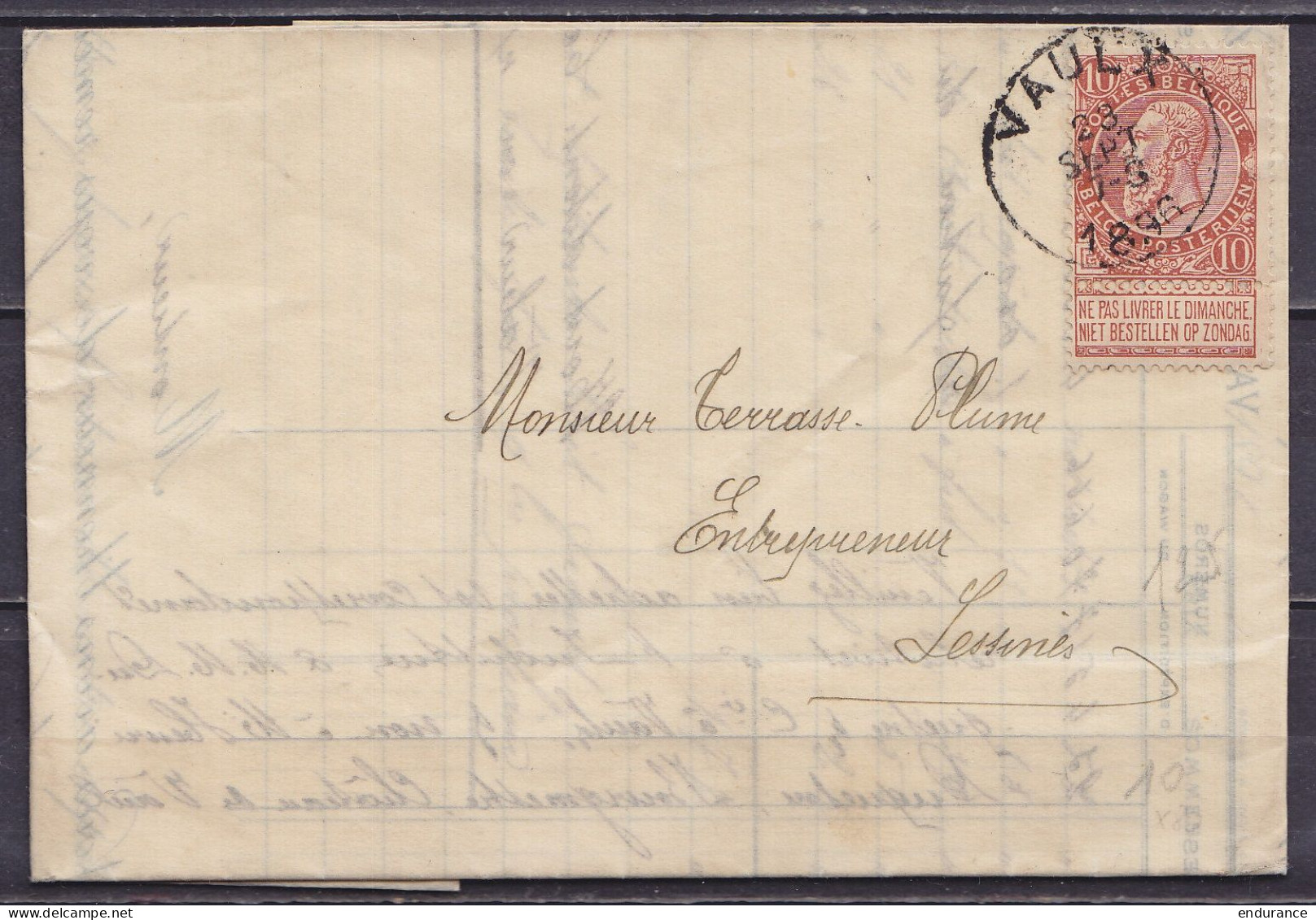 L. Affr. N°57 Càd VAULX /28 SEPT 1896 Pour LESSINES (au Dos: Càd Arrivée LESSINES) - 1893-1900 Schmaler Bart