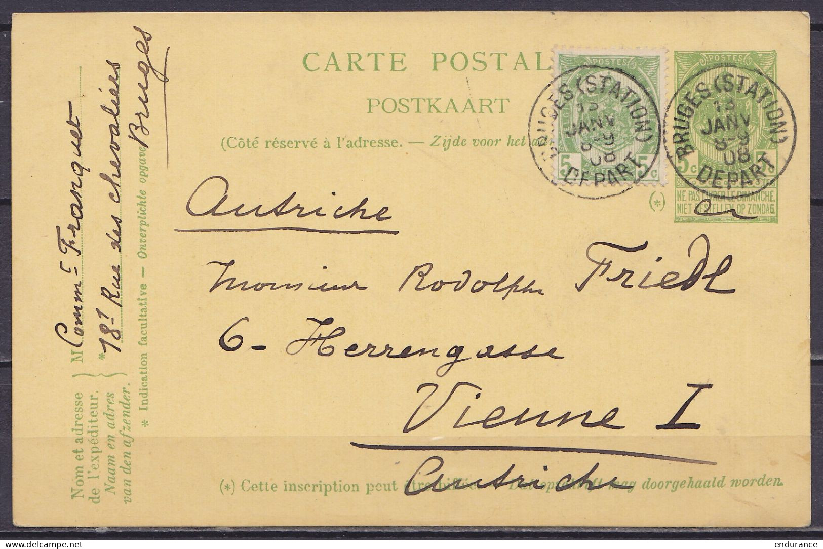 EP CP 5c Vert (type N°83) + N°83 Càd BRUGES (STATION) /13 JANV 1908 Pour VIENNE Autriche - Tarjetas 1871-1909