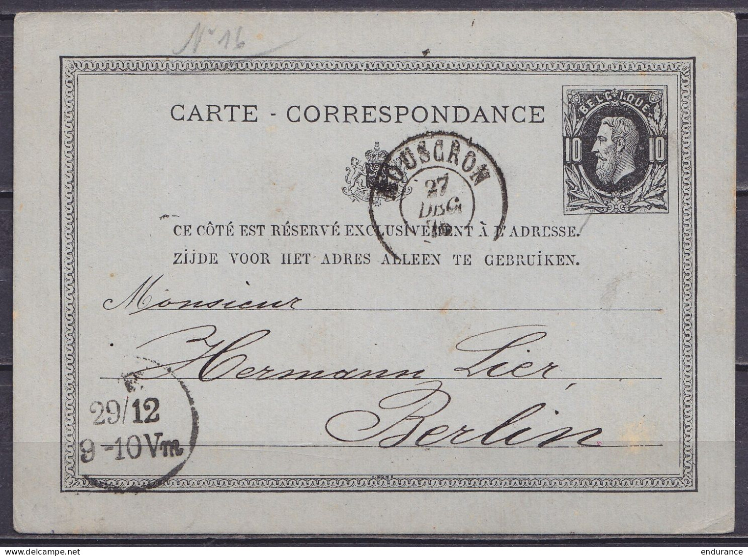 EP Carte-correspondance 10c Noir (type N°30) Càd MOUSCRON /27 DEC 1875 Pour BERLIN - Tarjetas 1871-1909