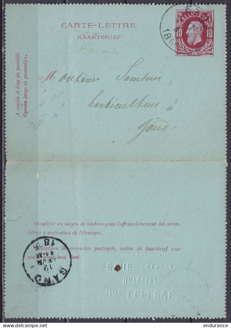 EP Carte-lettre 10c Rouge (type N°30) Càd ETHE /11 FEVR 1885 Pour Horticulteur à GAND (au Dos: Càd Arrivée GAND) - Briefkaarten 1871-1909