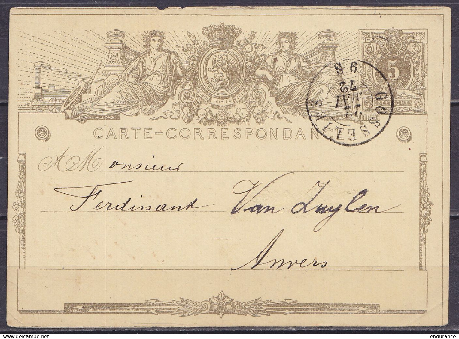 EP Carte-correspondance 5c Sépia Lion Couché Càd DC GOSSELIES /22 MAI 1872 Pour ANVERS - Cartes Postales 1871-1909