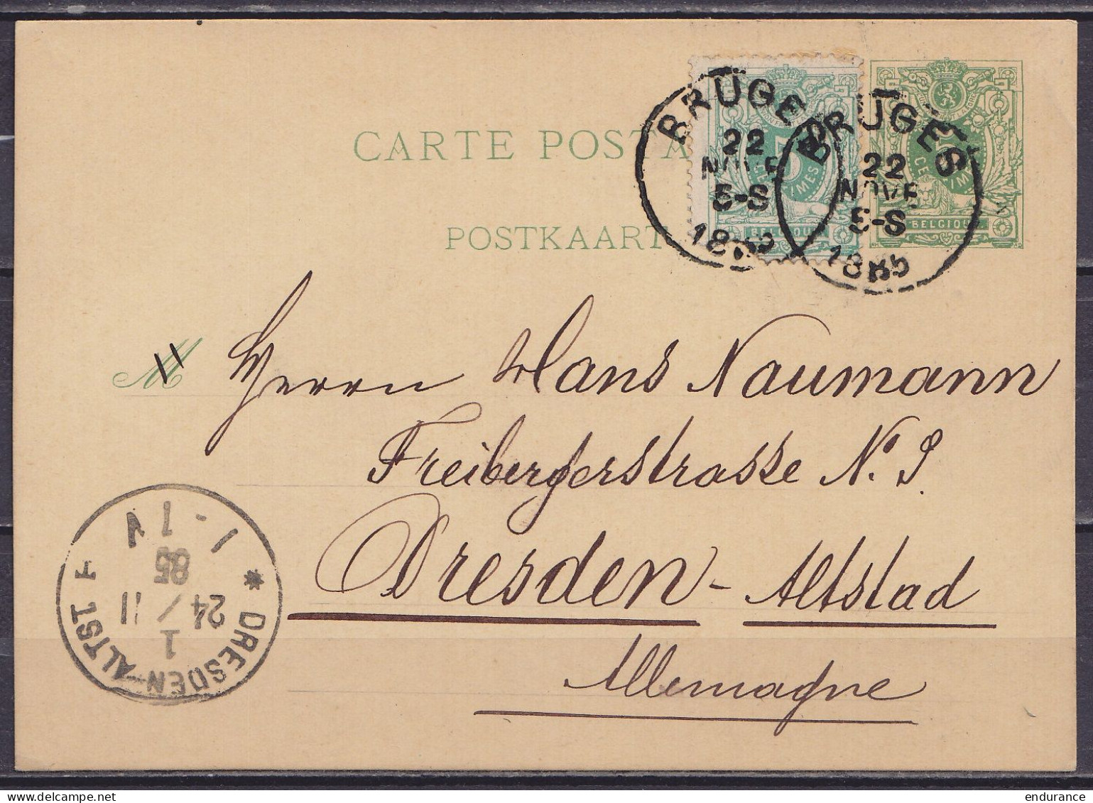 EP CP 5c Vert Lion Couché + N°45 Càd BRUGES /22 NOVE 1885 Pour DRESDEN-ALSTADT Allemagne - Càd Arrivée DRESDEN-ALTST./24 - Tarjetas 1871-1909