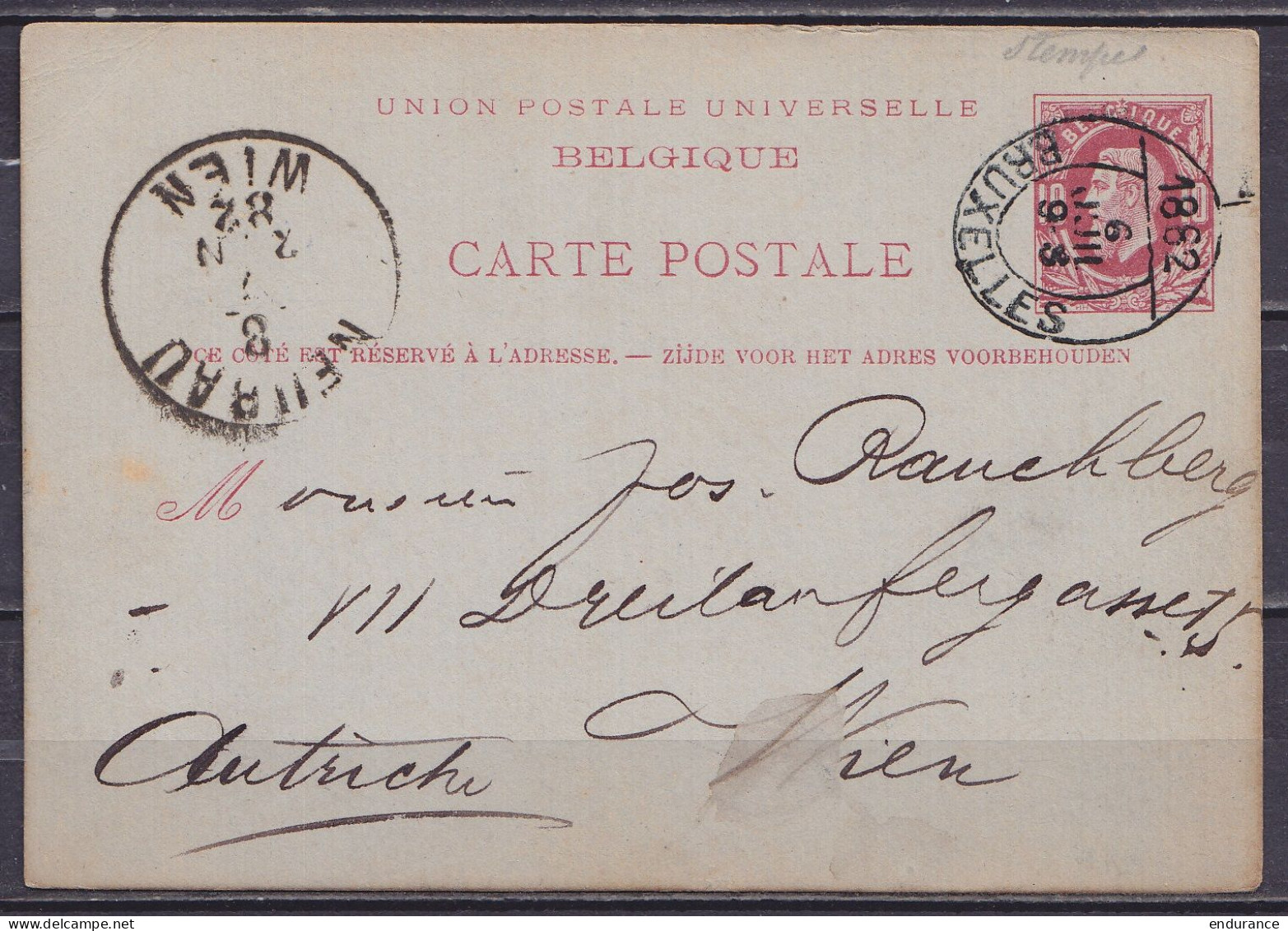 EP CP 10c Rouge (type N°30) Càd Oval BRUXELLES /6 JUIL 1882 Pour WIEN Autriche - Càd Arrivée "NEURAU /8/7/ WIEN" - Tarjetas 1871-1909