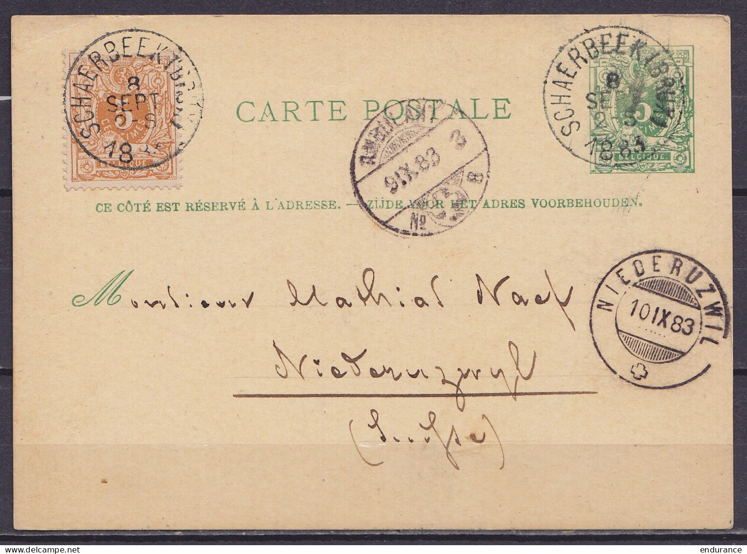 EP CP 5c Vert Lion Couché + N°28 Càd SCHAERBEEK (BRUX) /8 SEPT 1883 Pour NIERDERUZWIL Suisse - Càpt "AMBULANT N°8" Suiss - Cartoline 1871-1909