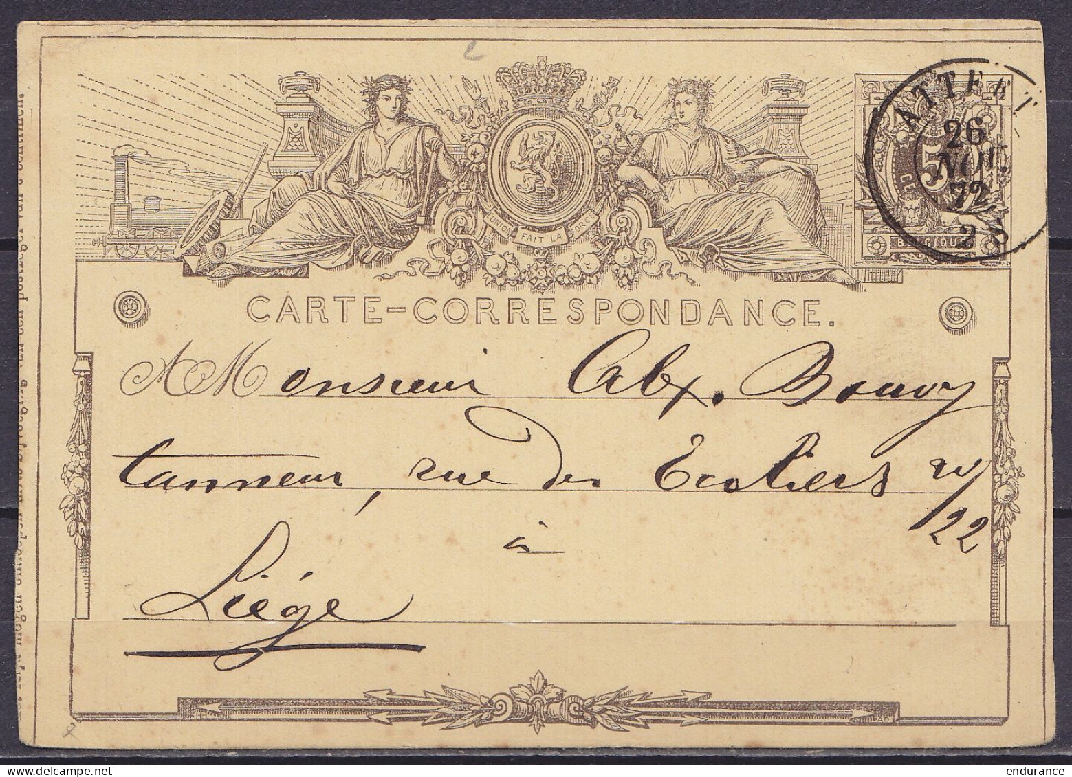 EP Carte-correspondance 5c Brun Lion Couché Càd DC ATTERT /26 NOV 1872 Pour Tanneur à LIEGE - Postcards 1871-1909