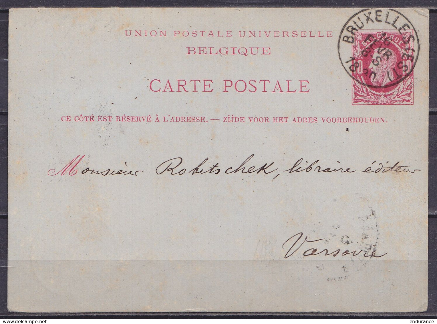 EP CP 10c Rouge (type N°30) Càd BRUXELLES (EST) /16 FEVR 1880 Pour Libraire à VARSOVIE (au Dos: Càd Ambulant Polonais "N - Cartoline 1871-1909