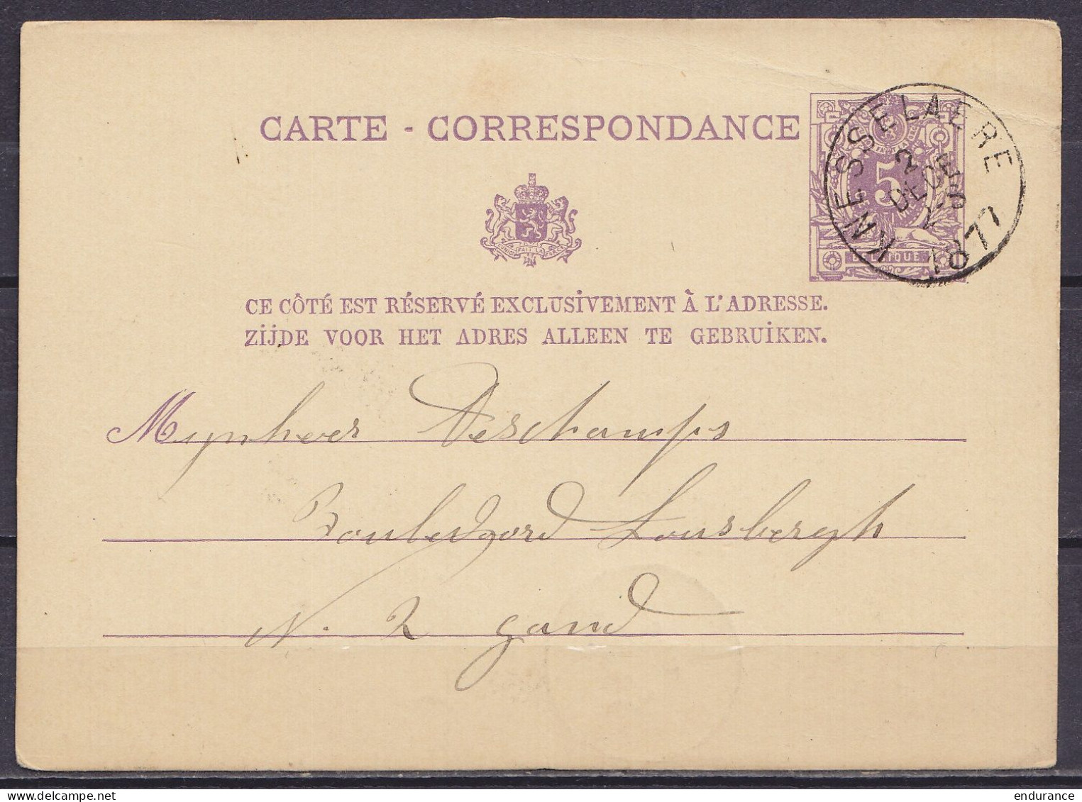 EP CP 5c Violet Lion Couché Càd KNESSELAERE /2 DECE 1877 Pour GAND (au Dos: Càd Arrivée GAND) - Postcards 1871-1909
