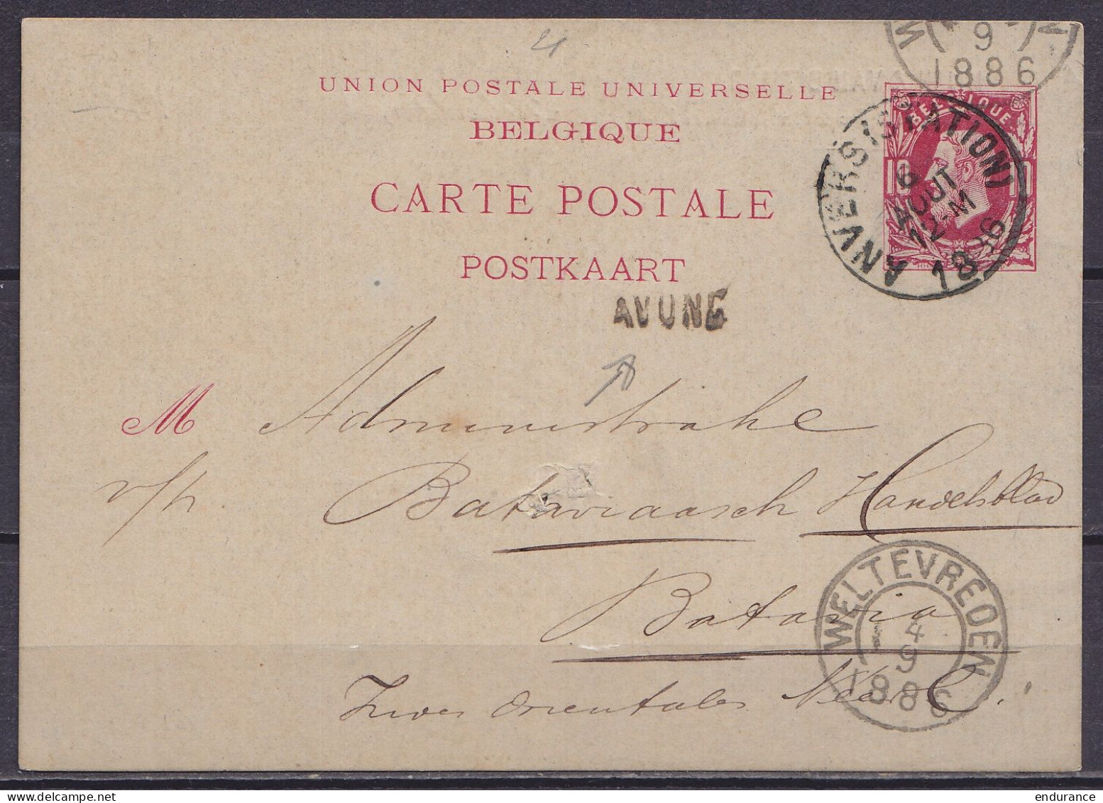 EP CP 10c Rouge (type N°30) Repiqué "Nijgh & Van Ditmar Rotterdam" (!) Càd ANVERS (STATION) /6 AOUT 1886 Pour BATAVIA In - Tarjetas 1871-1909