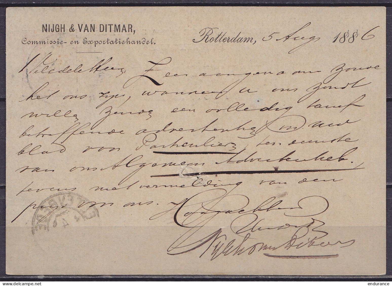 EP CP 10c Rouge (type N°30) Repiqué "Nijgh & Van Ditmar Rotterdam" (!) Càd ANVERS (STATION) /6 AOUT 1886 Pour BATAVIA In - Briefkaarten 1871-1909