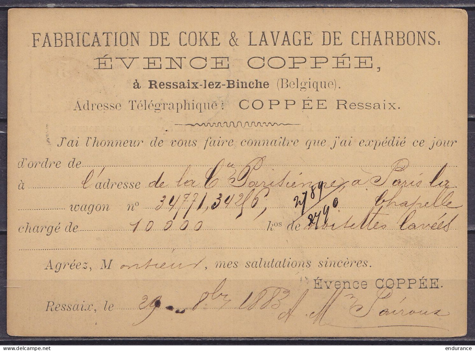 EP CP 5c Vert Lion Couché Repiqué "Fabrication De Coke E. COPPEE à Ressaix" Càd BINCHE /29 OCTO 1883 Pour BRUXELLES - Cà - Tarjetas 1871-1909