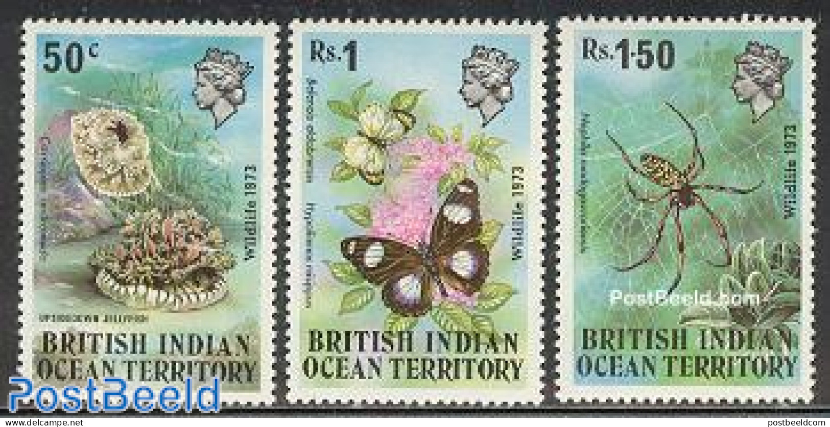 British Indian Ocean 1973 Animals 3v, Unused (hinged), Nature - Butterflies - Insects - Shells & Crustaceans - Meereswelt