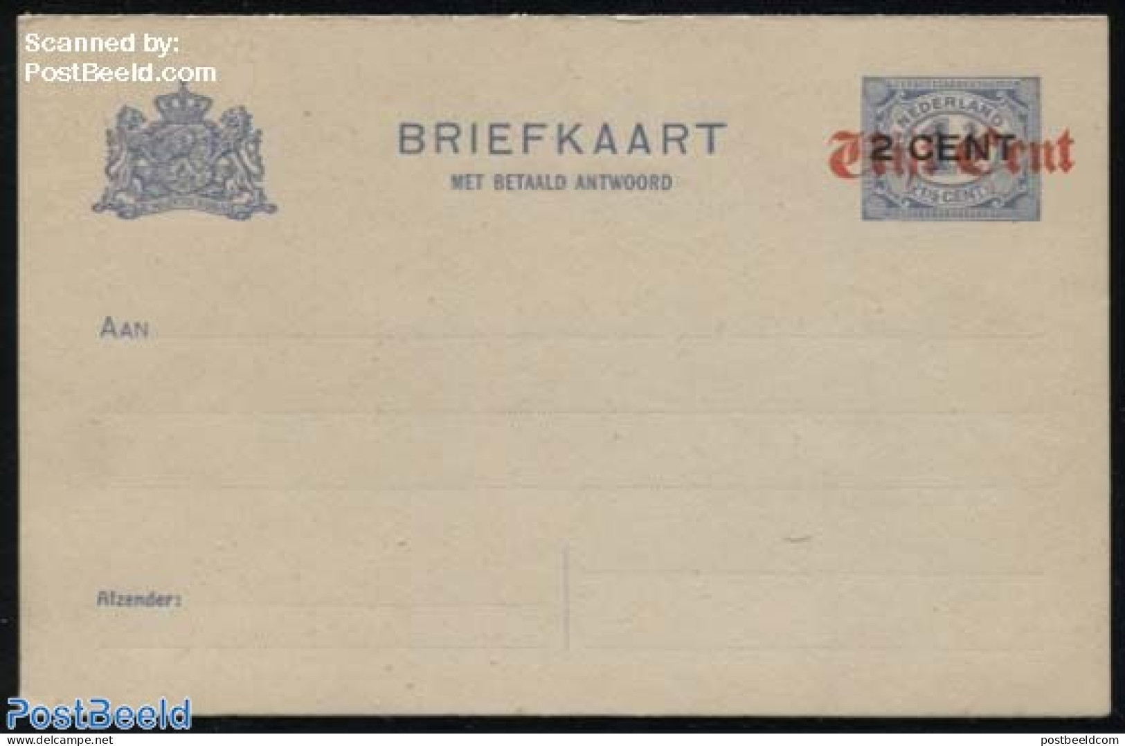Netherlands 1920 Reply Paid Postcard Vijf Cent On 2CENT On 1.5c Ultramarin, Short Dividing Line, Unused Postal Station.. - Briefe U. Dokumente