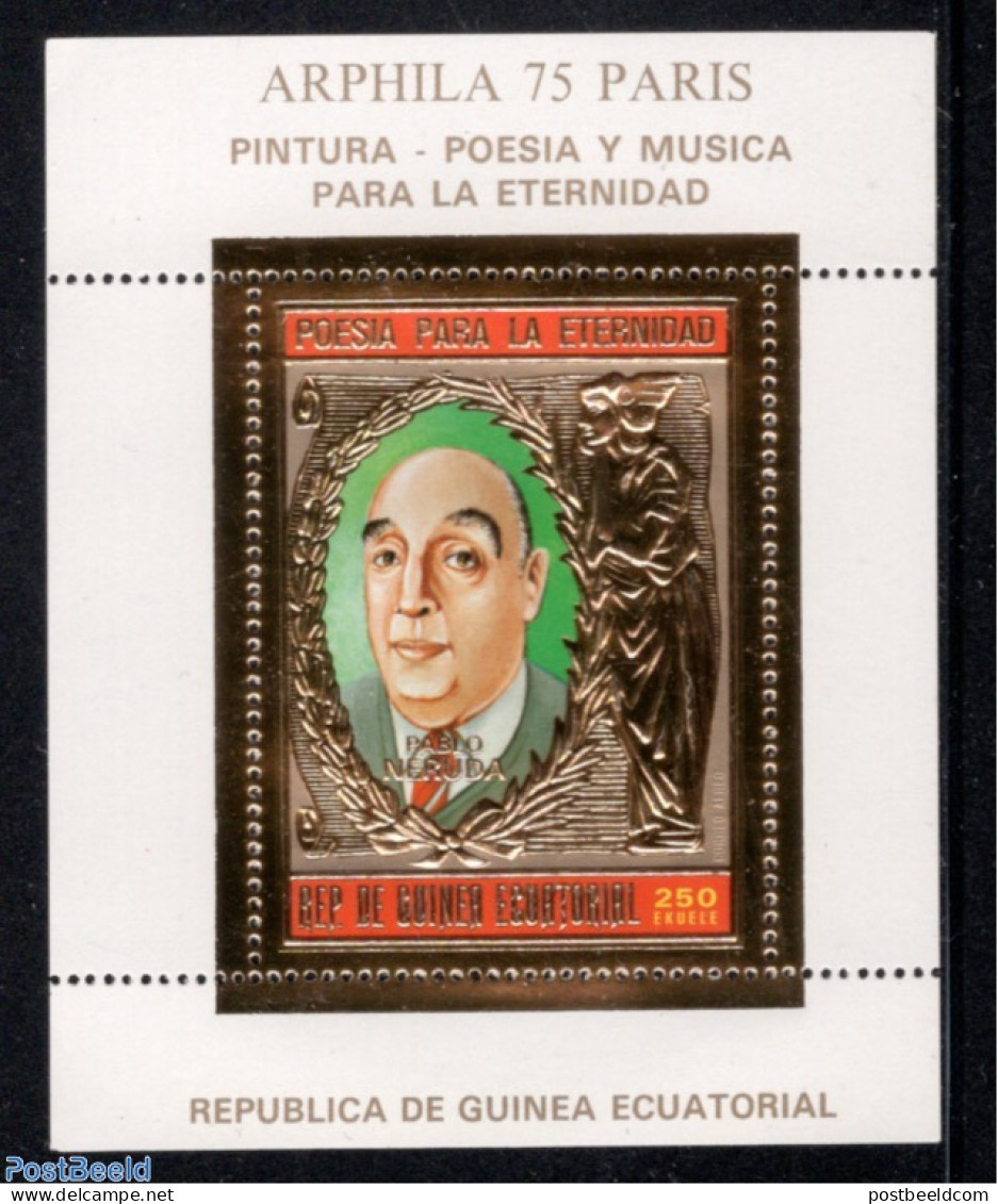 Equatorial Guinea 1975 Pablo Neruda S/s, Gold, Mint NH, History - Performance Art - Nobel Prize Winners - Music - Art .. - Prix Nobel