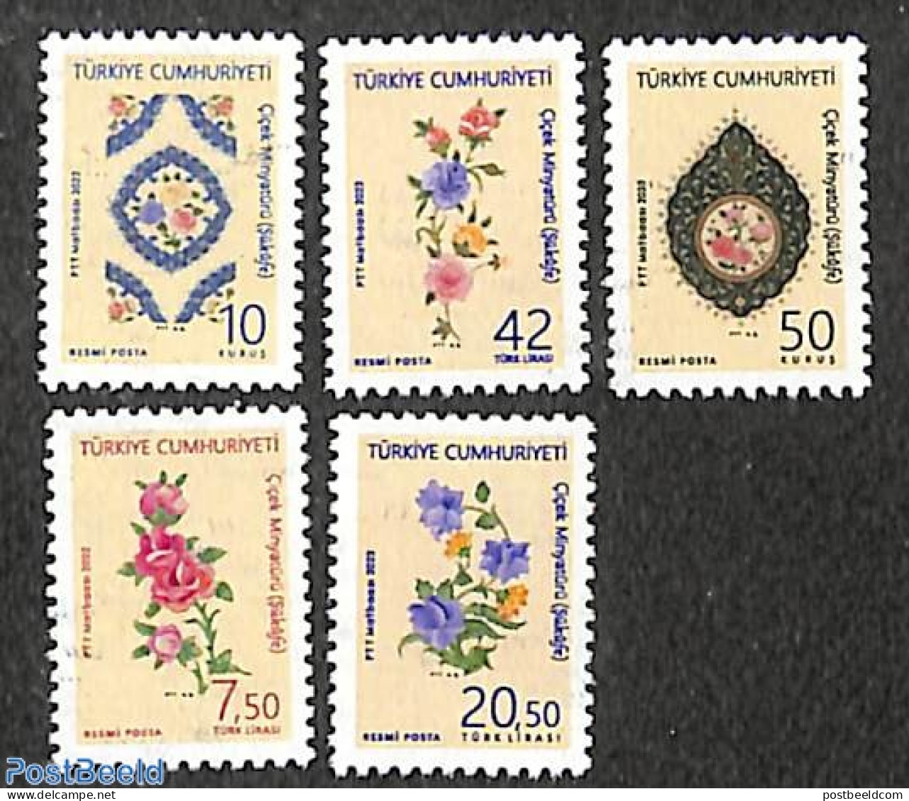 Türkiye 2022 On Service, Flower Miniatures 5v, Mint NH, Nature - Flowers & Plants - Sonstige & Ohne Zuordnung