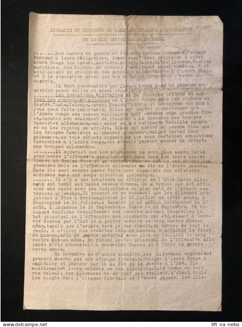 Tract Presse Clandestine Résistance Belge WWII WW2 'Extraits Du Discours Du Camarade Staline A L'occasion Du 25-eme...' - Dokumente