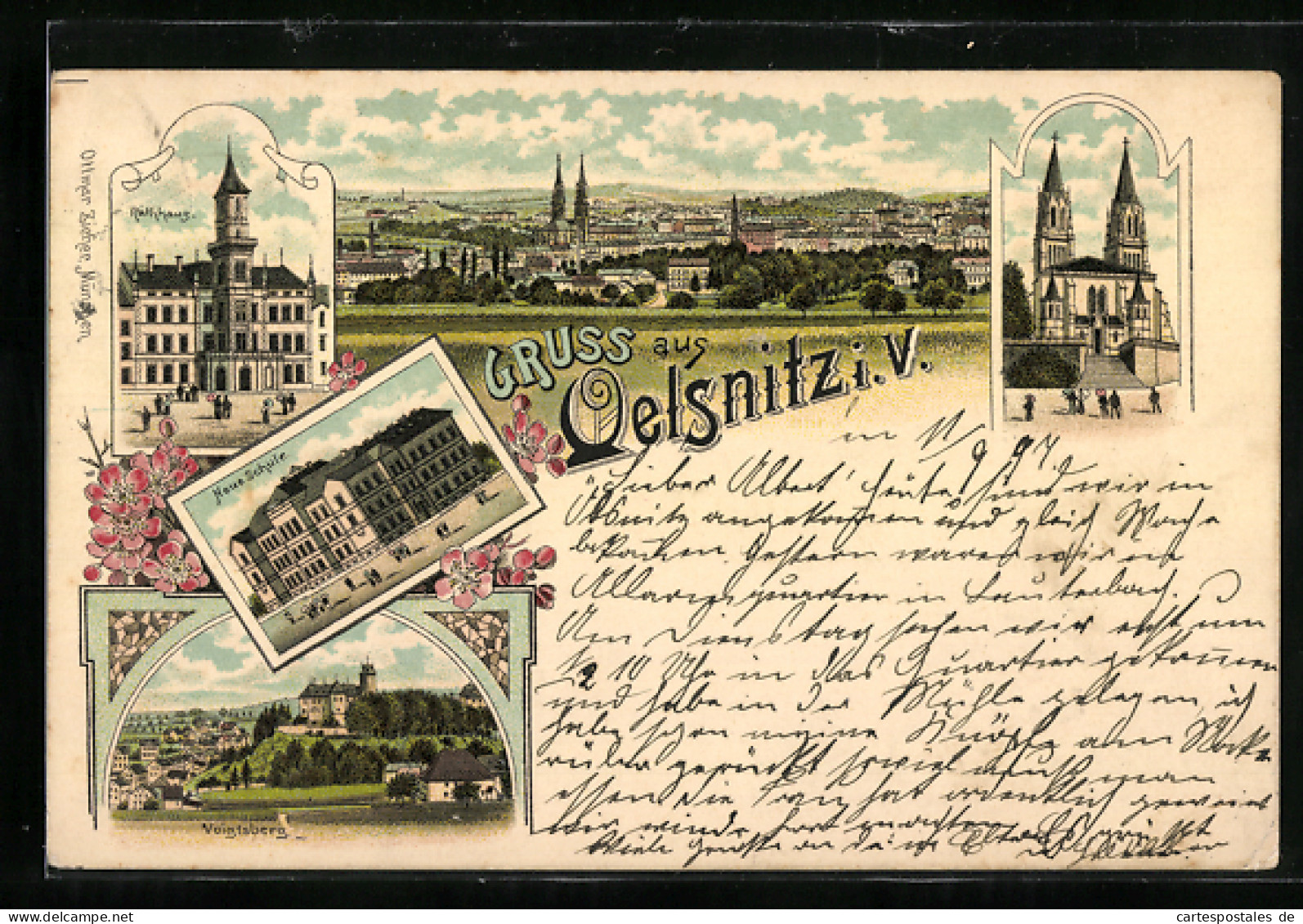 Lithographie Oelsnitz / Vogtland, Voigtsberg, Rathaus, Kirche Und Gesamtansicht  - Vogtland