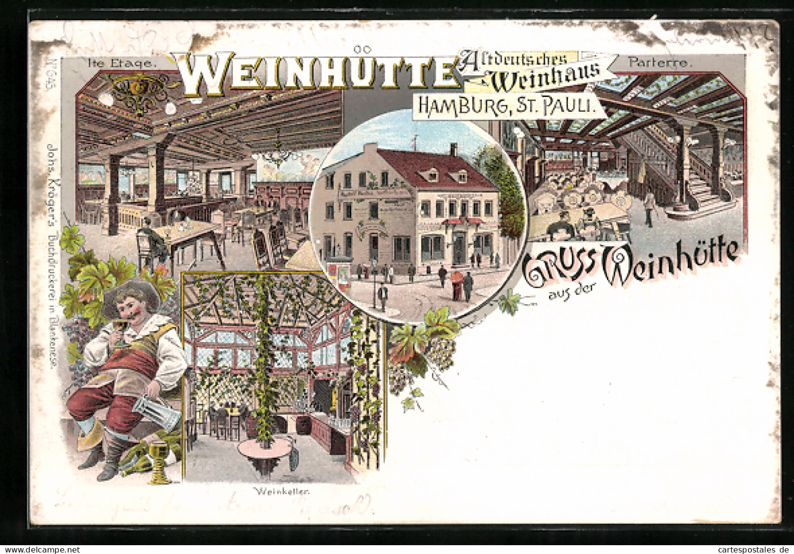 Lithographie Hamburg-St. Pauli, Gastwirtschaft Weinhütte, Parterre, 1te Etage Und Weinkeller  - Mitte