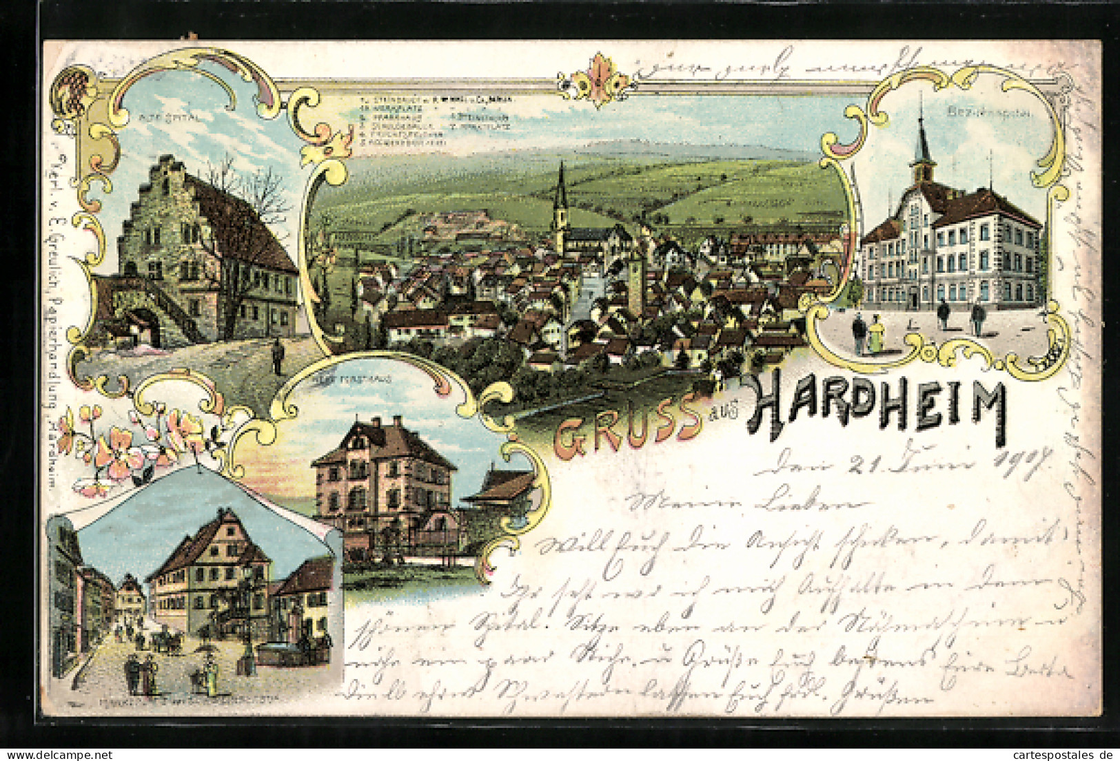 Lithographie Hardheim, Bezirksspital, Neues Forsthaus Und Altes Spital  - Jacht