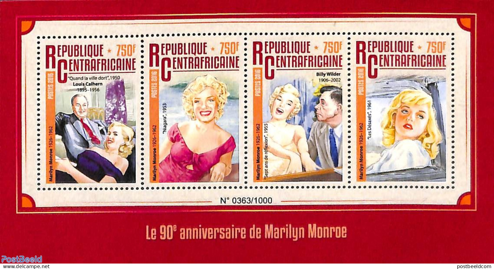 Central Africa 2016 Marilyn Monroe 4v M/s, Mint NH, Performance Art - Marilyn Monroe - Zentralafrik. Republik