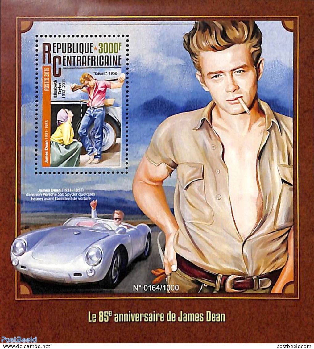 Central Africa 2016 James Dean S/s, Mint NH, Performance Art - Transport - Movie Stars - Automobiles - Acteurs