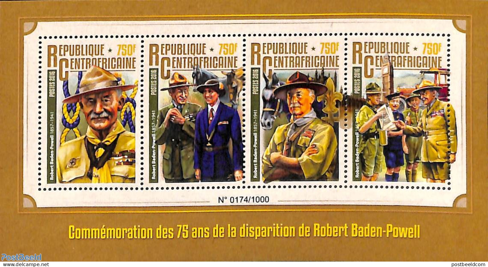 Central Africa 2016 Robert Baden-Powell 4v M/s, Mint NH, Sport - Scouting - Centraal-Afrikaanse Republiek