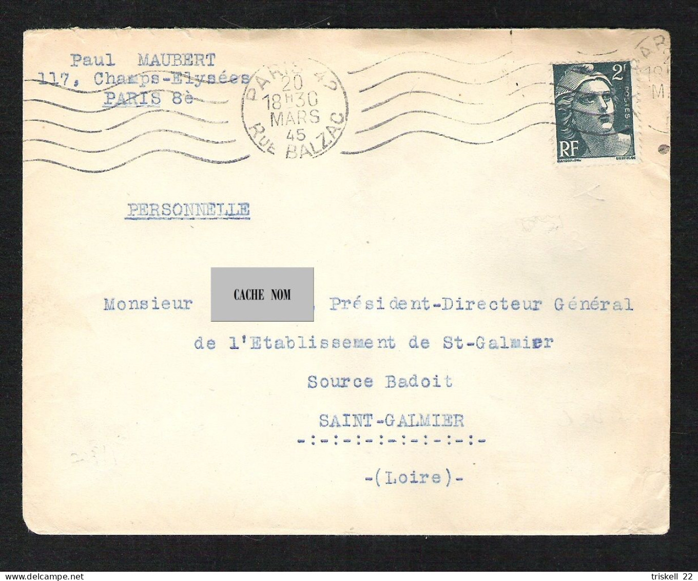 Env. Avec N° 713 Paris  Rue Balzac   Oblitération Du 20-03-1945 - 1921-1960: Modern Period
