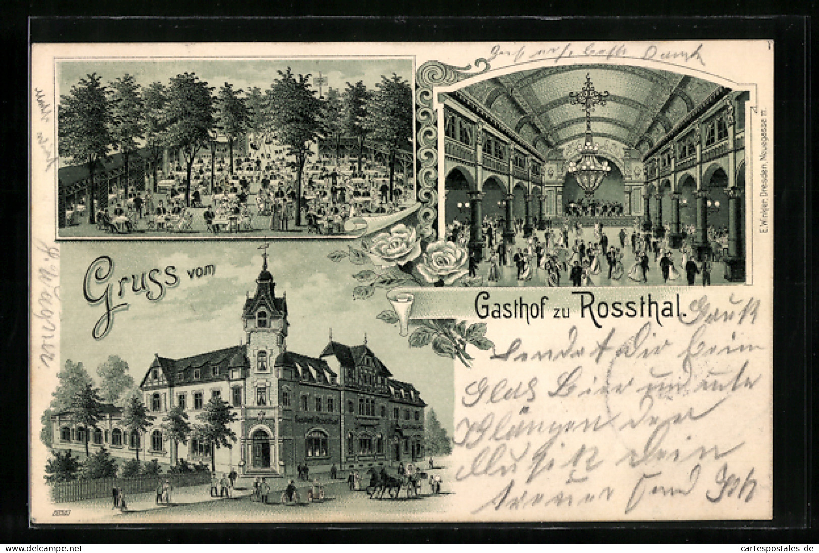 Lithographie Dresden-Rossthal, Gasthaus Zu Rossthal, Innen-und Aussenansicht  - Dresden