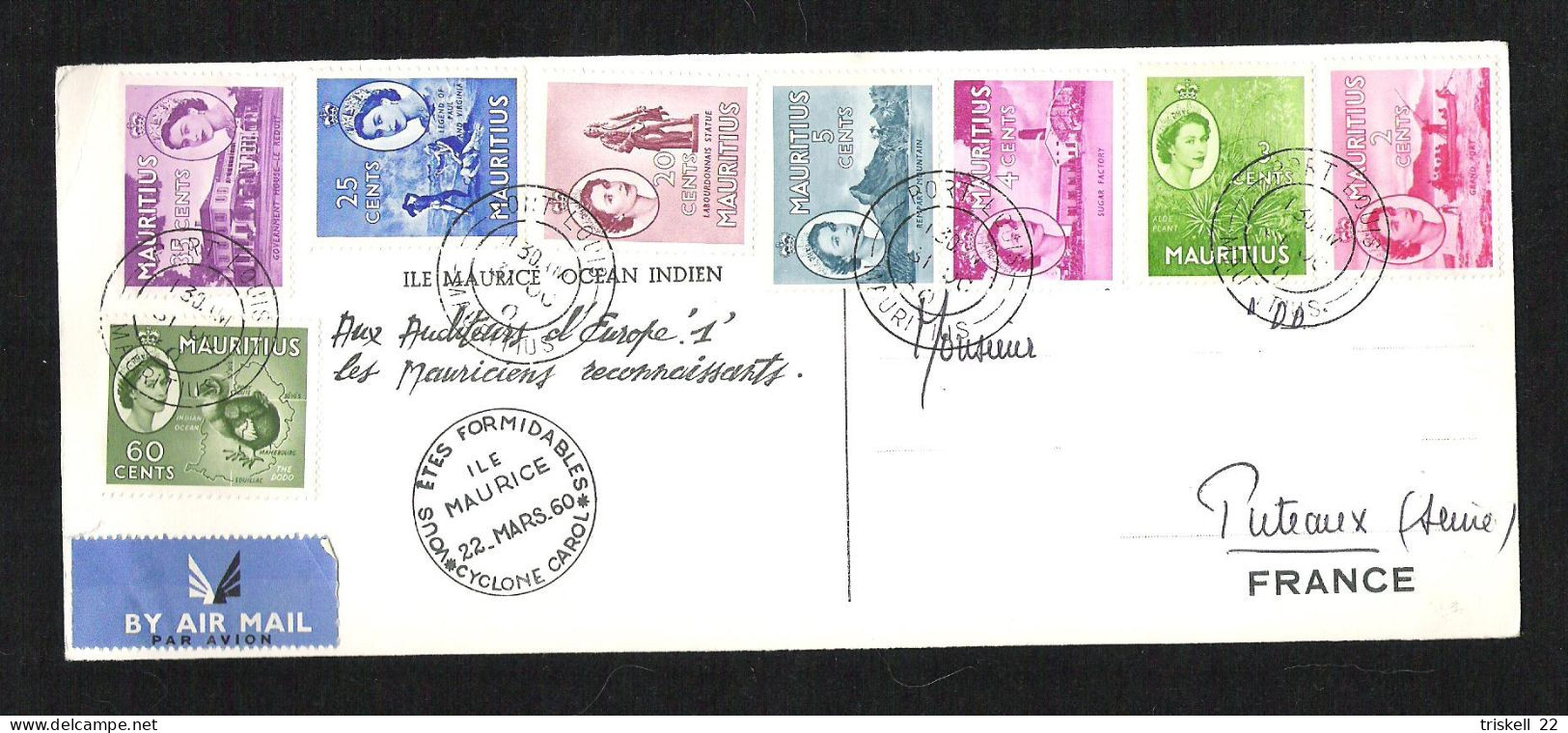 Carte Postale  Oblitérée Du 22.MARS.60 : Rempart Mountain - Dodo    Timbres N° 251/54 Et 257/60 (8 Timbres) - Mauricio