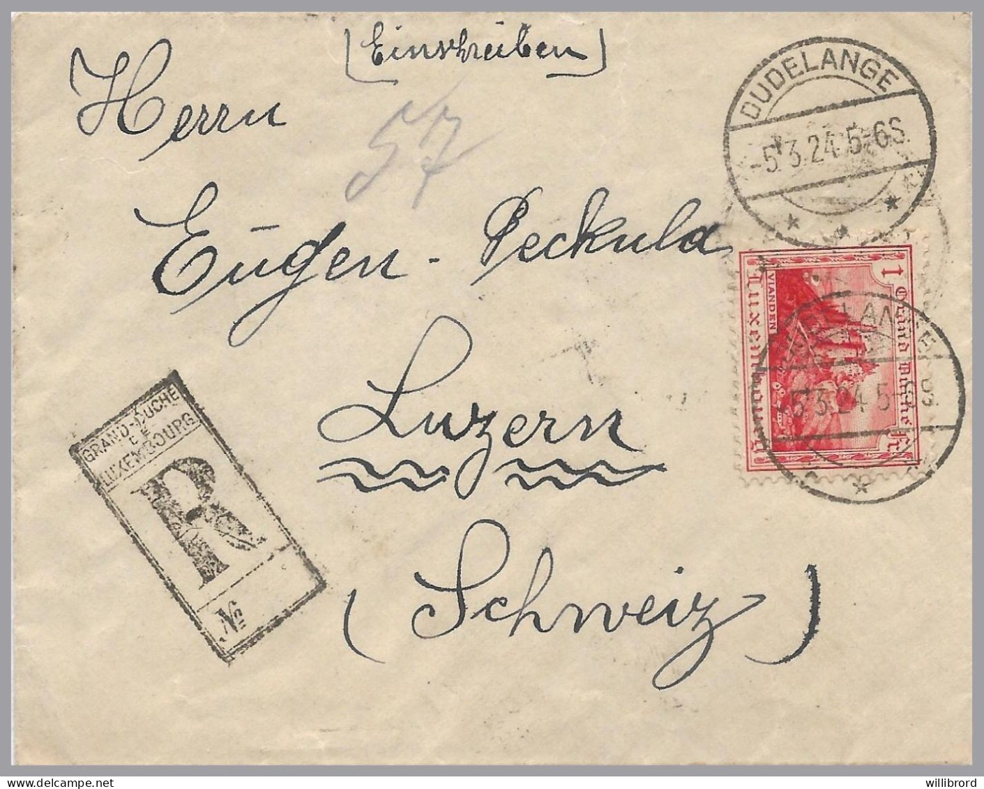 LUXEMBOURG - DUDELANGE T34 - 1924 Registered To Luzern, SWITZERLAND - 1F Red Vianden SOLE USE - Lettres & Documents