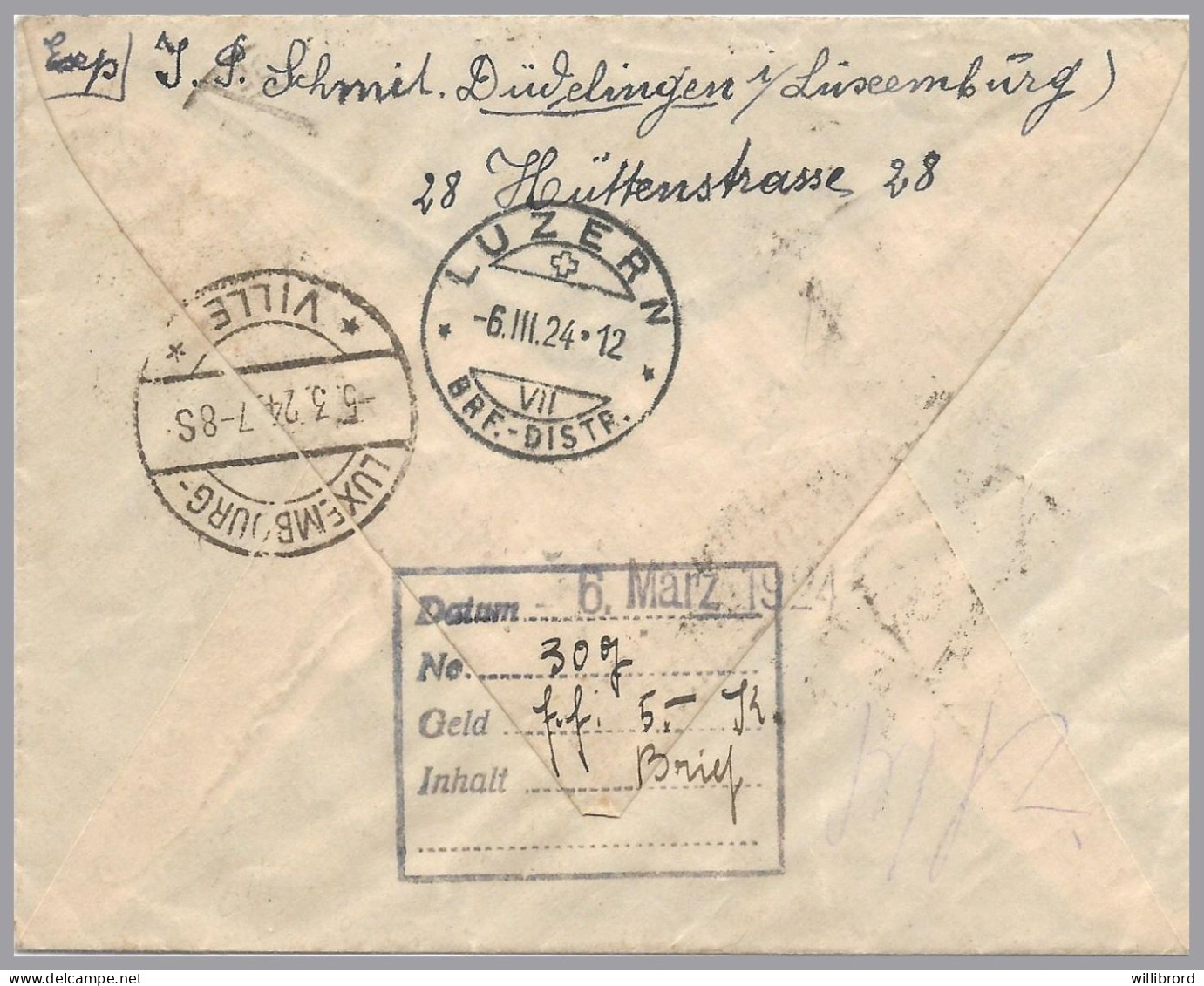 LUXEMBOURG - DUDELANGE T34 - 1924 Registered To Luzern, SWITZERLAND - 1F Red Vianden SOLE USE - Storia Postale