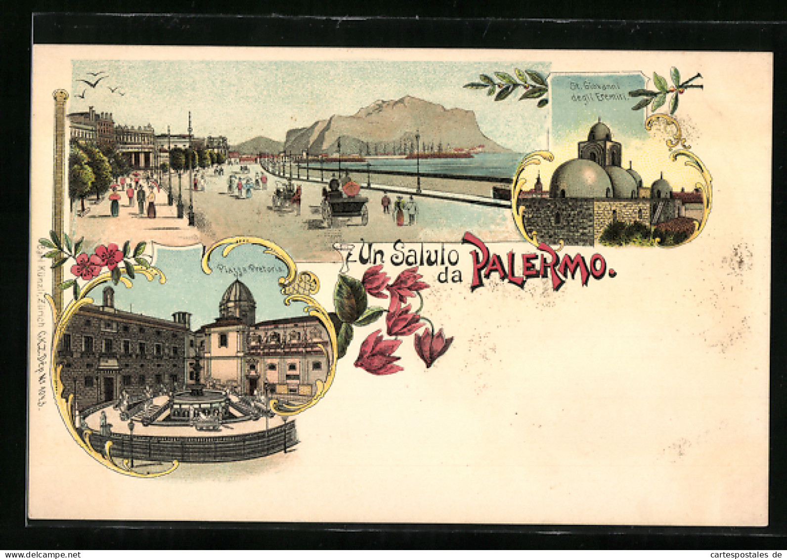 Lithographie Palermo, Piazza Pretoria, St. Giovanni Degli Eremiti  - Palermo