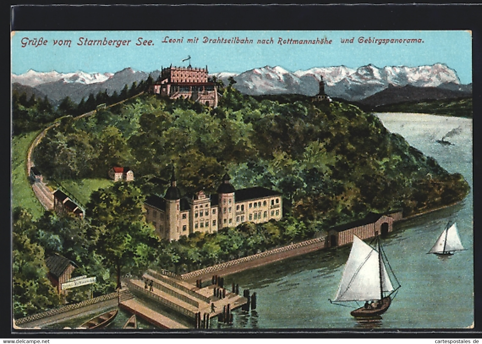 Künstler-AK Leoni / Starnberger See, Panorama Mit Drahtseilbahn Nach Rottmannshöhe  - Starnberg
