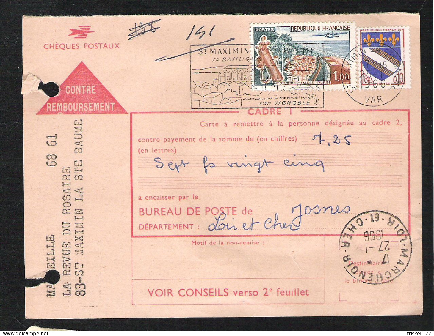 Service Des Chèques Postaux - Timbre N° 1355 - Oblitération : St Maximin La Ste Baume Du 25-1-1966 - 1921-1960: Modern Period