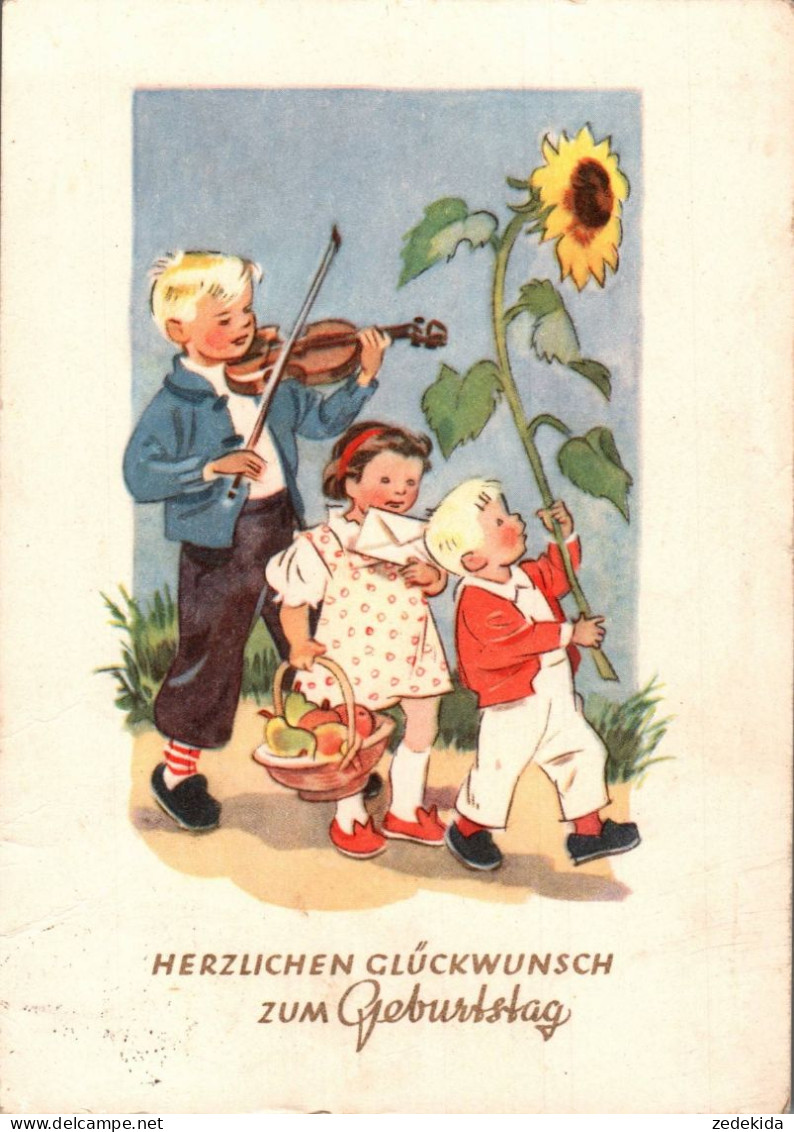 H1812 - Roth Schaberschul Glückwunschkarte Geburtstag - Kinder Sonnenblume - Postreiter Verlag DDR - Compleanni