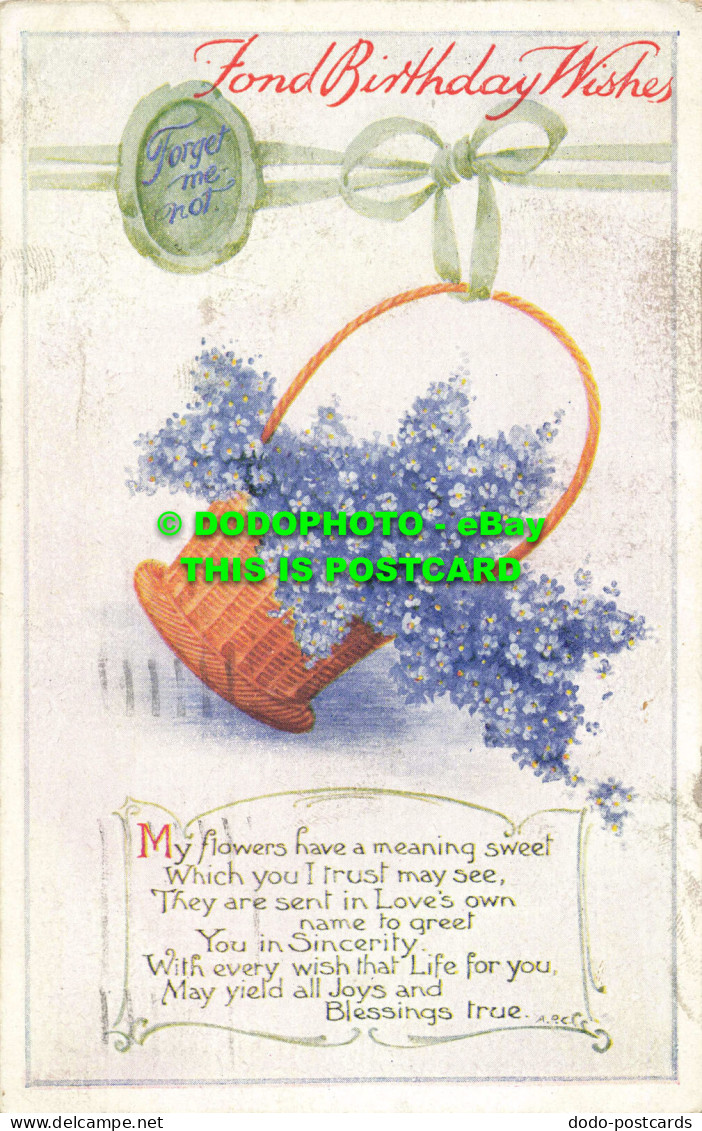 R558912 Fond Birthday Wishes. Basket With Blue Flowers. B. B. Empire Series No. - Monde