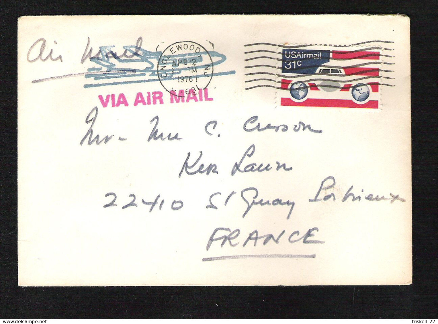 Enveloppe Des U.S.A. - Via Air Mail De 1976, De Englewood à Destination De St-Quay Portrieux 22410 - Briefe U. Dokumente