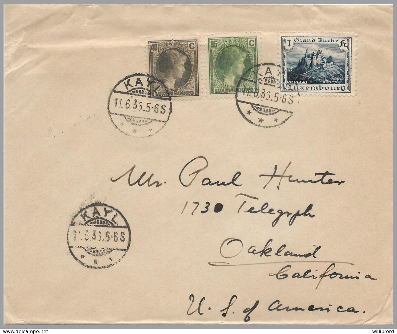 LUXEMBOURG - KAYL 1936 UPU Cover To USA - 1F Blue Vianden & 35c And 40c Charlotte 2nd - Covers & Documents