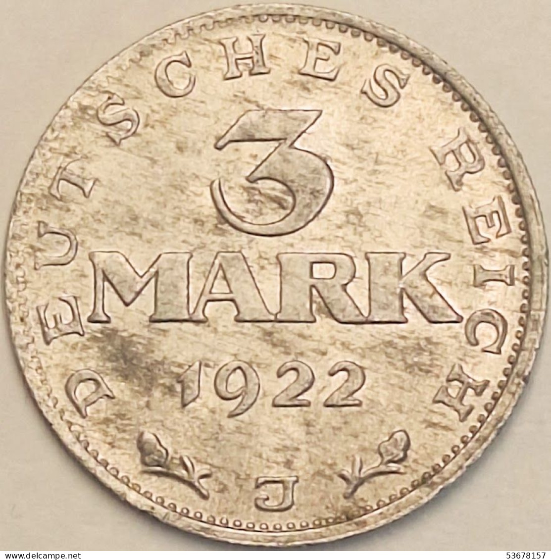 Germany Weimar Republic - 3 Mark 1922 J, KM# 29 (#4428) - Otros – Europa