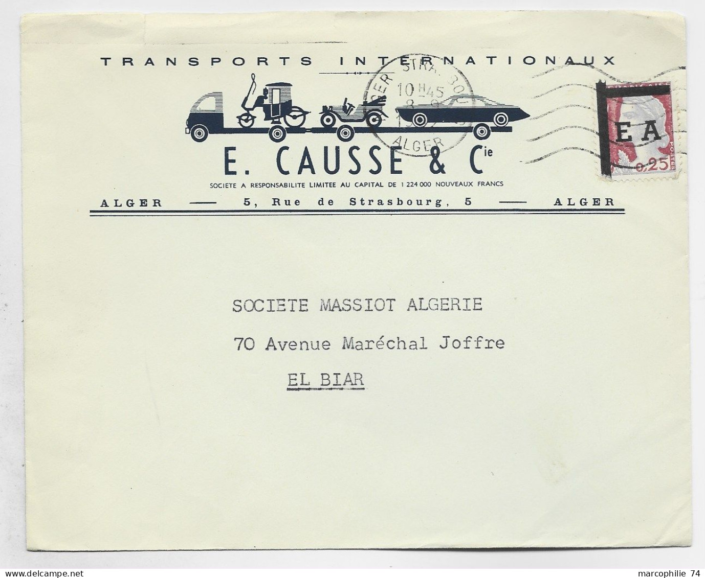 DECARIS 25C E.A.  LETTRE ENTETE TRANSPORTS INTERNATIONAUX E CAUSSE MEC ALGER STRASBOURG 8.9.1962 ALGER POUR EL BIAR - 1960 Marianne (Decaris)