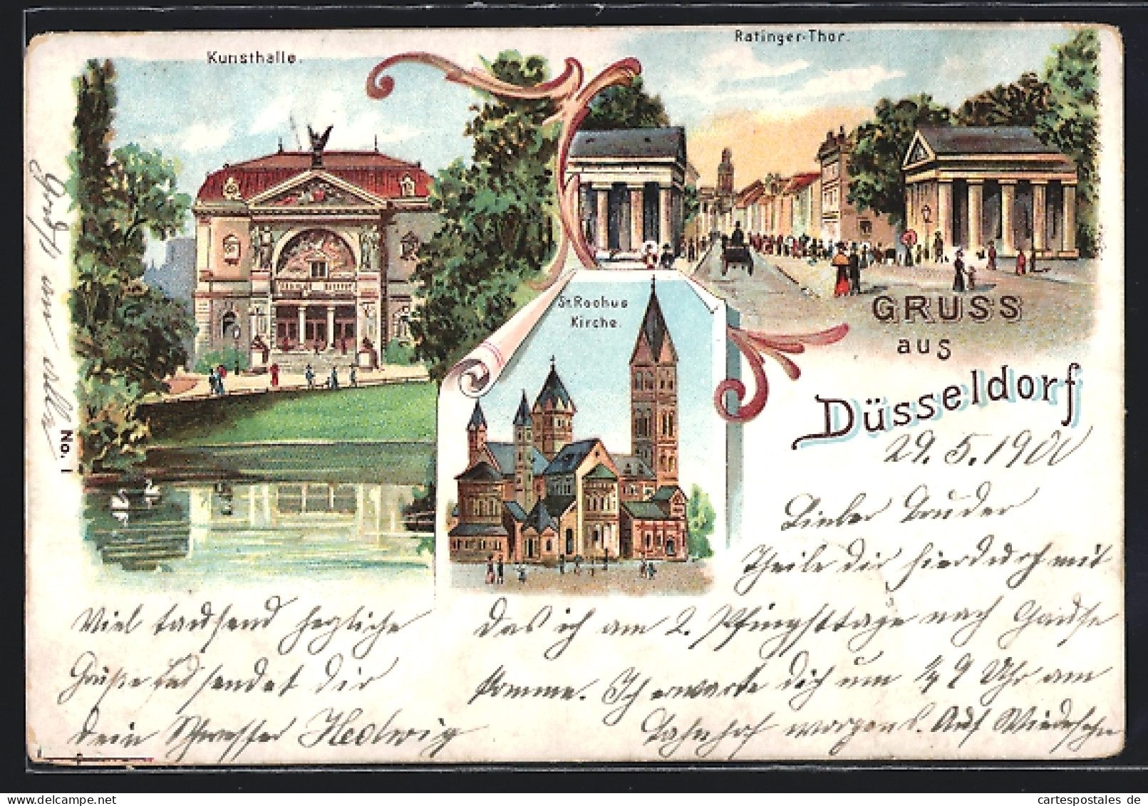 Lithographie Düsseldorf, Kunsthalle, Ratinger-Thor, St. Rochus Kirche  - Duesseldorf