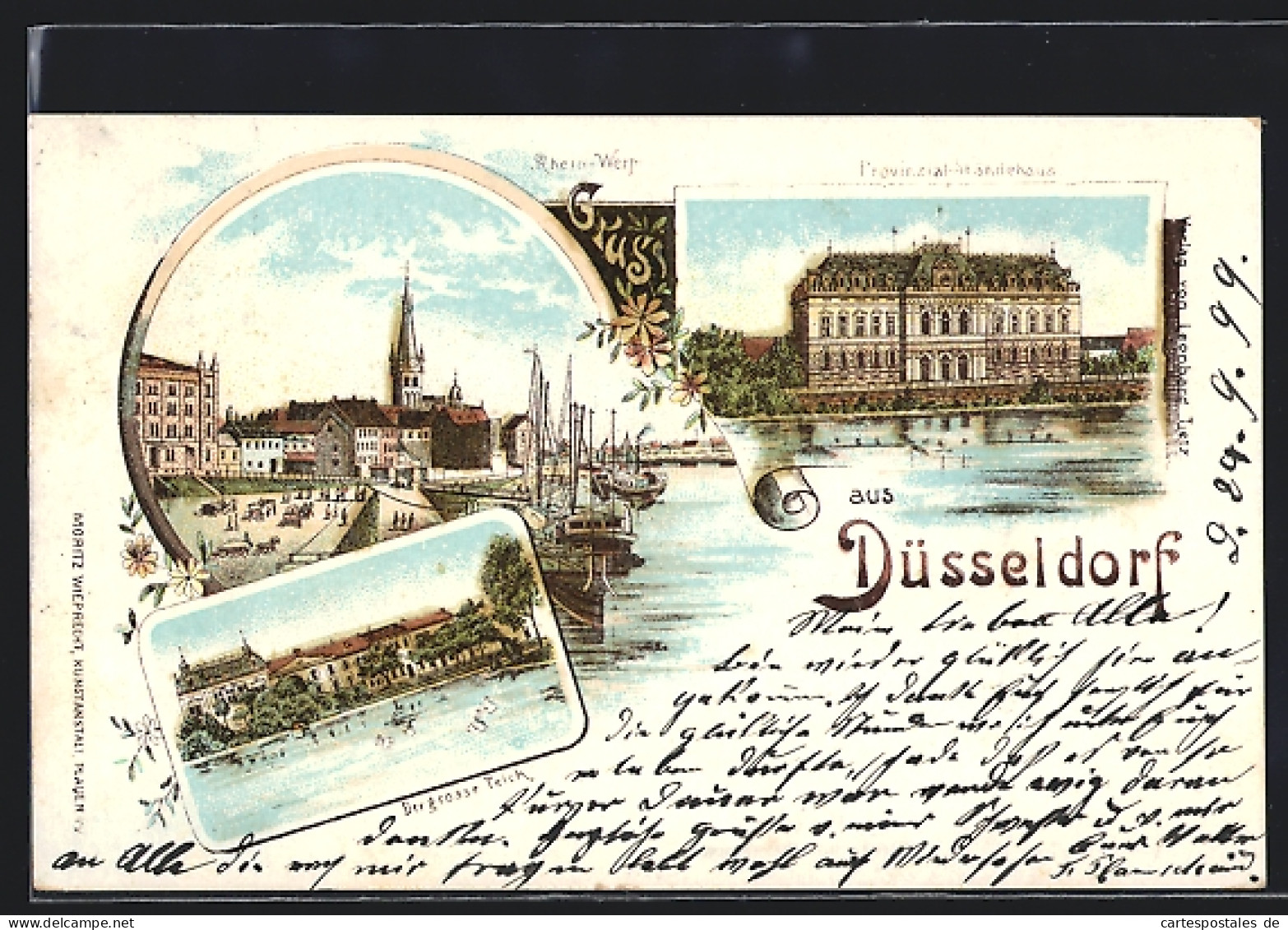 Lithographie Düsseldorf, Provinzial-Ständehaus, Rhein-Werft, Der Grosse Teich  - Duesseldorf