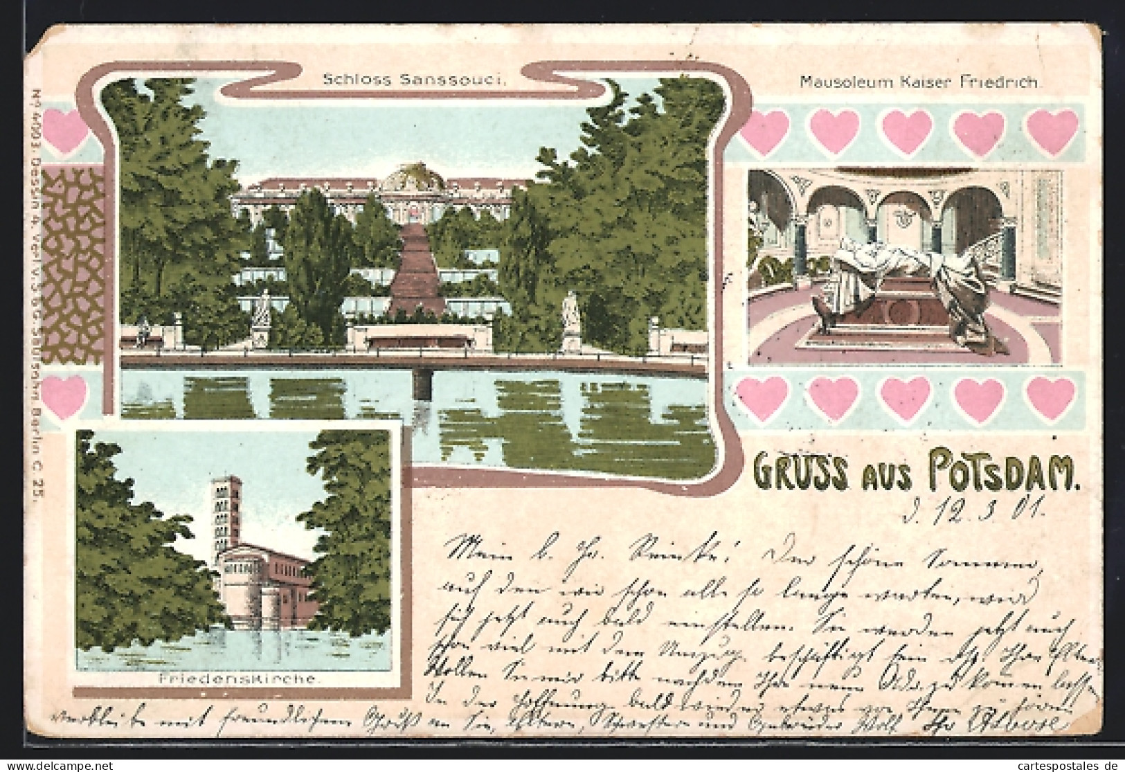 Lithographie Potsdam, Schloss Sanssouci, Mausoleum Kaiser Friedrich, Friedenskirche, Mit Herzen  - Potsdam
