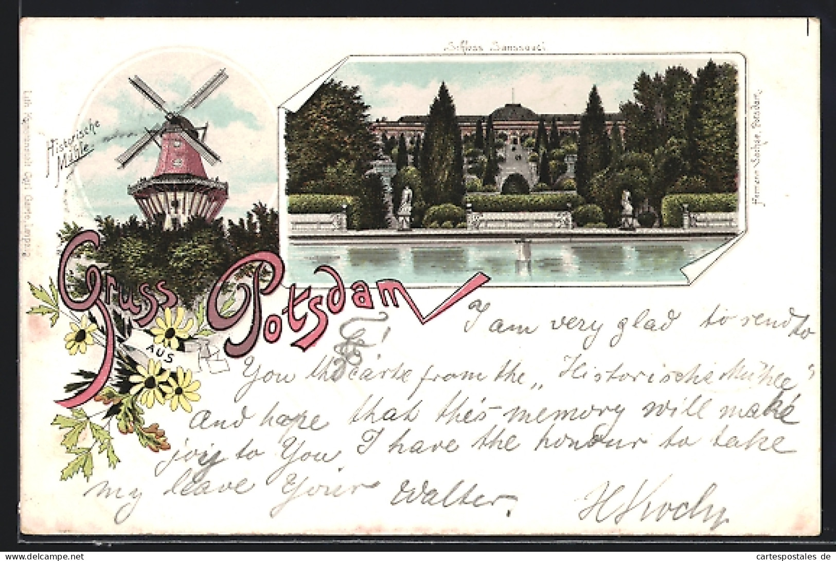 Lithographie Potsdam, Historische Mühle, Schloss Sanssouci  - Potsdam