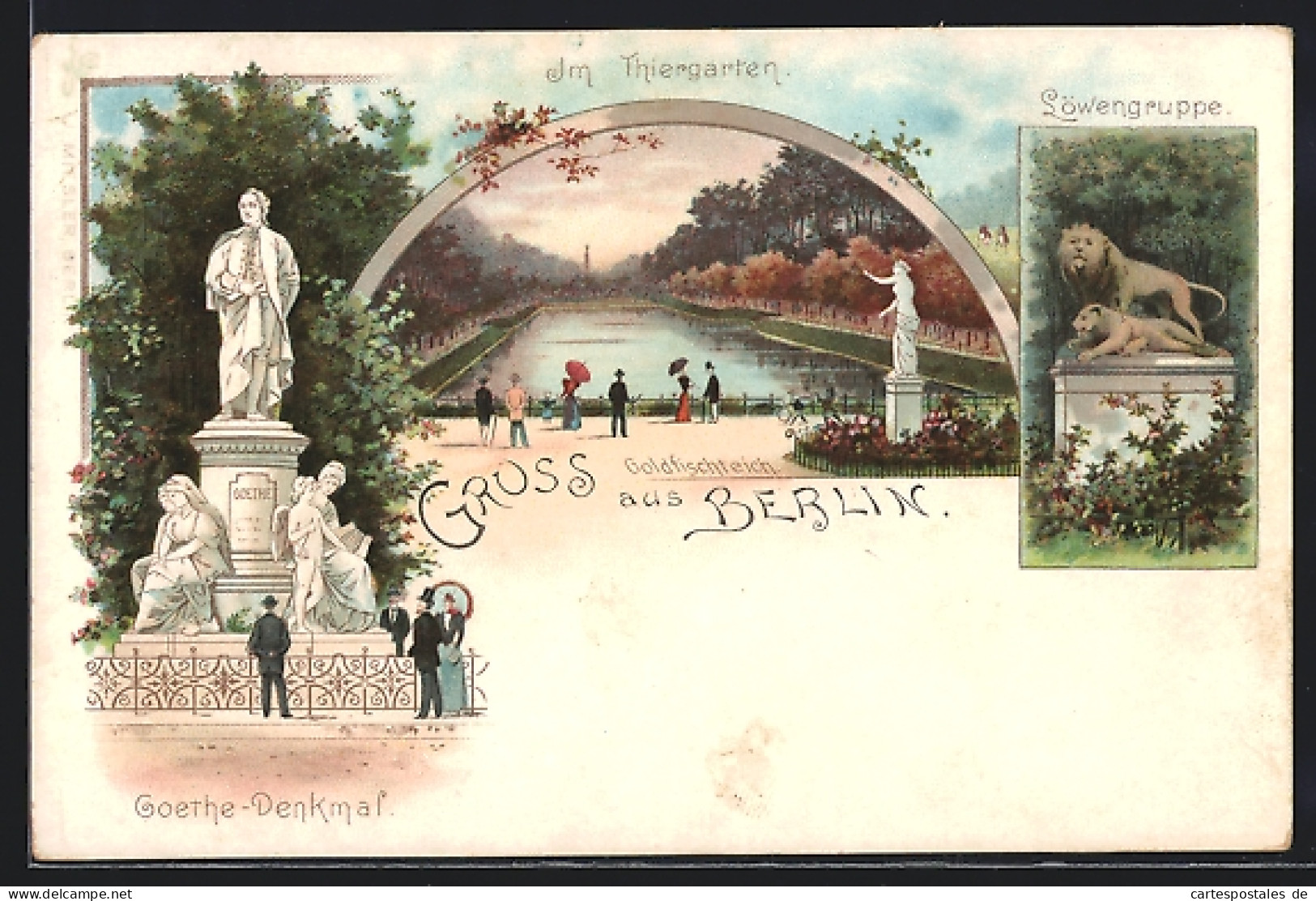 Lithographie Berlin-Tiergarten, Im Tiergarten, Goethe Denkmal, Goldfischteich, Löwengruppe  - Tiergarten