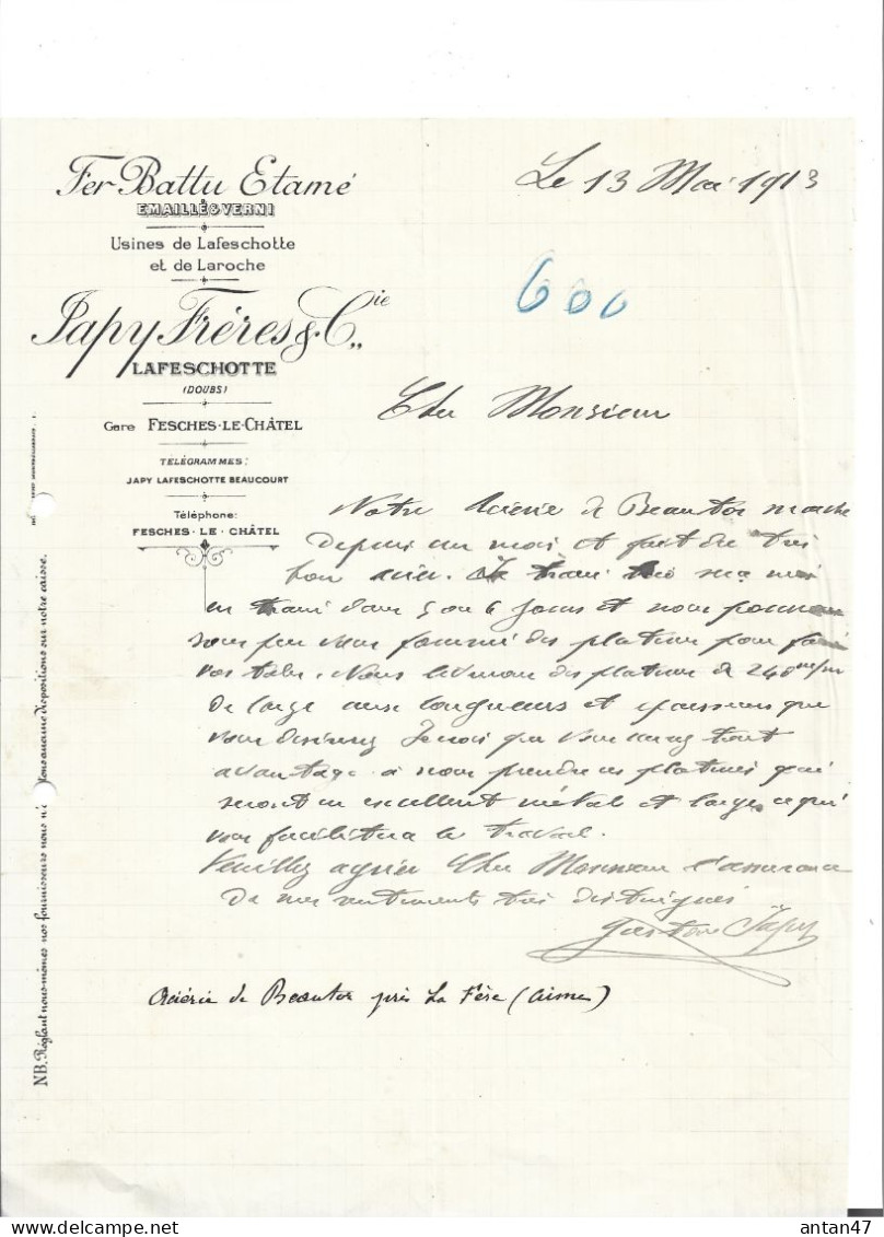Courrier 1913 / 25 LAFESCHOTTE LAROCHE Vers FESCHES / JAPY Fer Battu étamé / Aisne Acierie BEAUTOR - LA FERE - 1900 – 1949