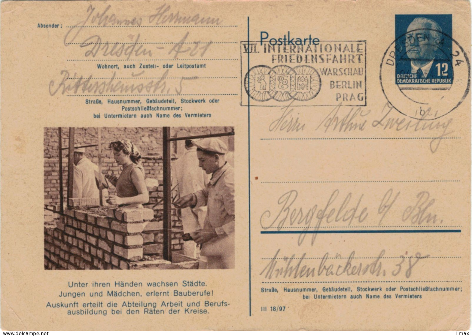 Niemand Hat Die Absicht, Eine Mauer Zu Errichten! - Berlin 1954 - Ganzsache Ziegel Maurer Mörtel DDR Pieck Friedensfahrt - Postales - Usados