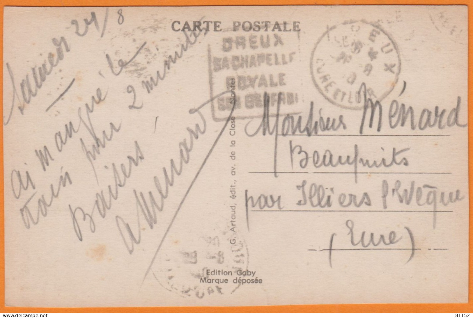 DAGUIN  Recto Et Verso  De DREUX  Sur CPA  " Vieilles Maisons  " Année 1939 Avec PAIX 80c Orange Pour 27 BEAUPUITS - Mechanical Postmarks (Other)