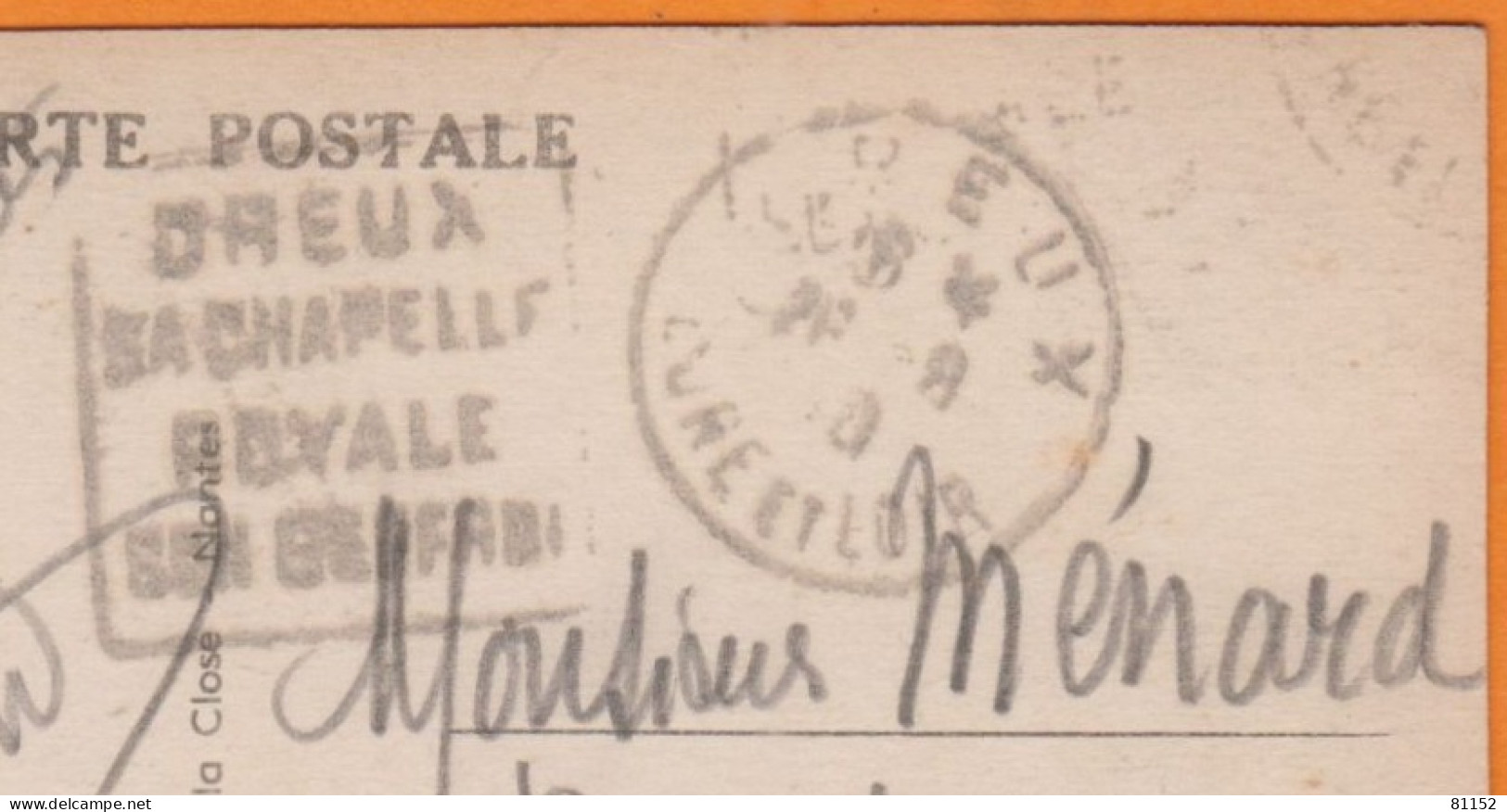 DAGUIN  Recto Et Verso  De DREUX  Sur CPA  " Vieilles Maisons  " Année 1939 Avec PAIX 80c Orange Pour 27 BEAUPUITS - Mechanical Postmarks (Other)